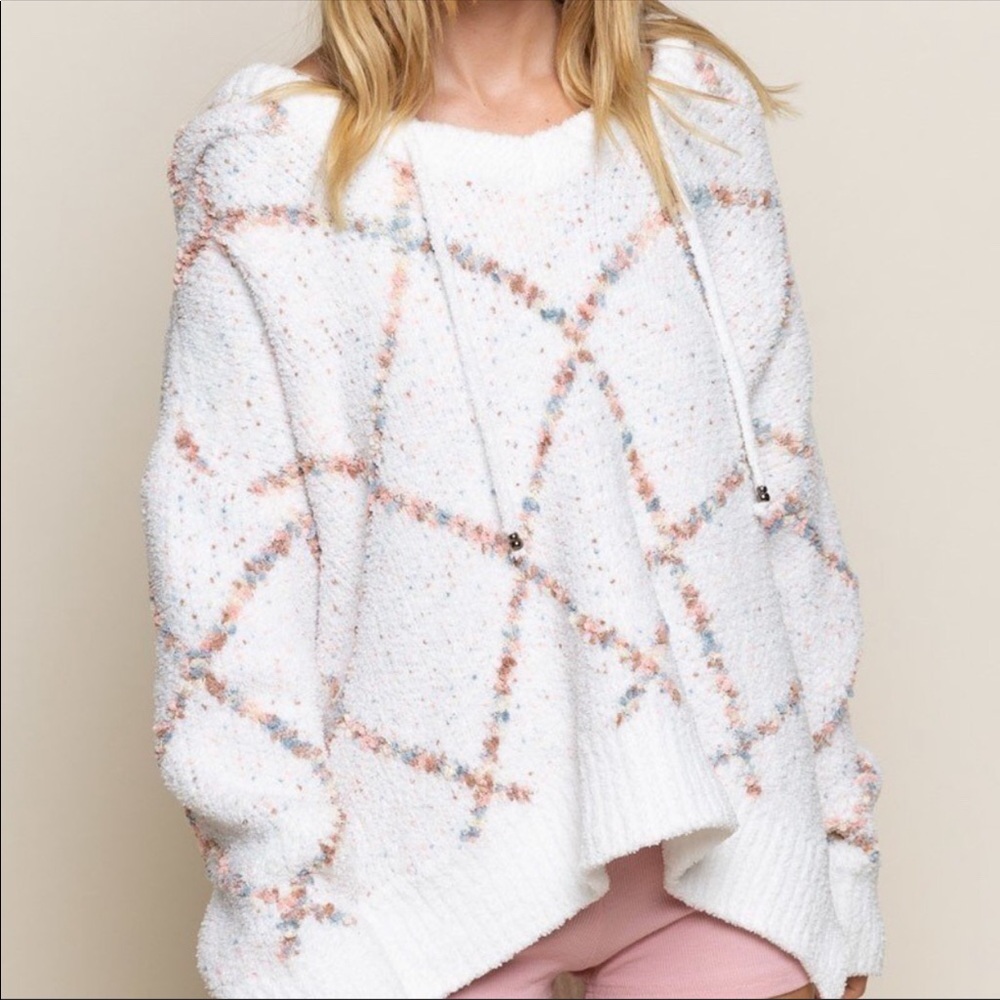 POL Bright Diamond Berber Chenille Hoodie Medium White Oversized Confetti